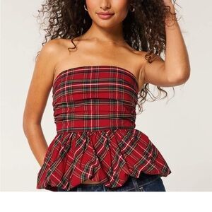 NEW Hollister Women's Strapless Christmas Red Plaid bubble SM